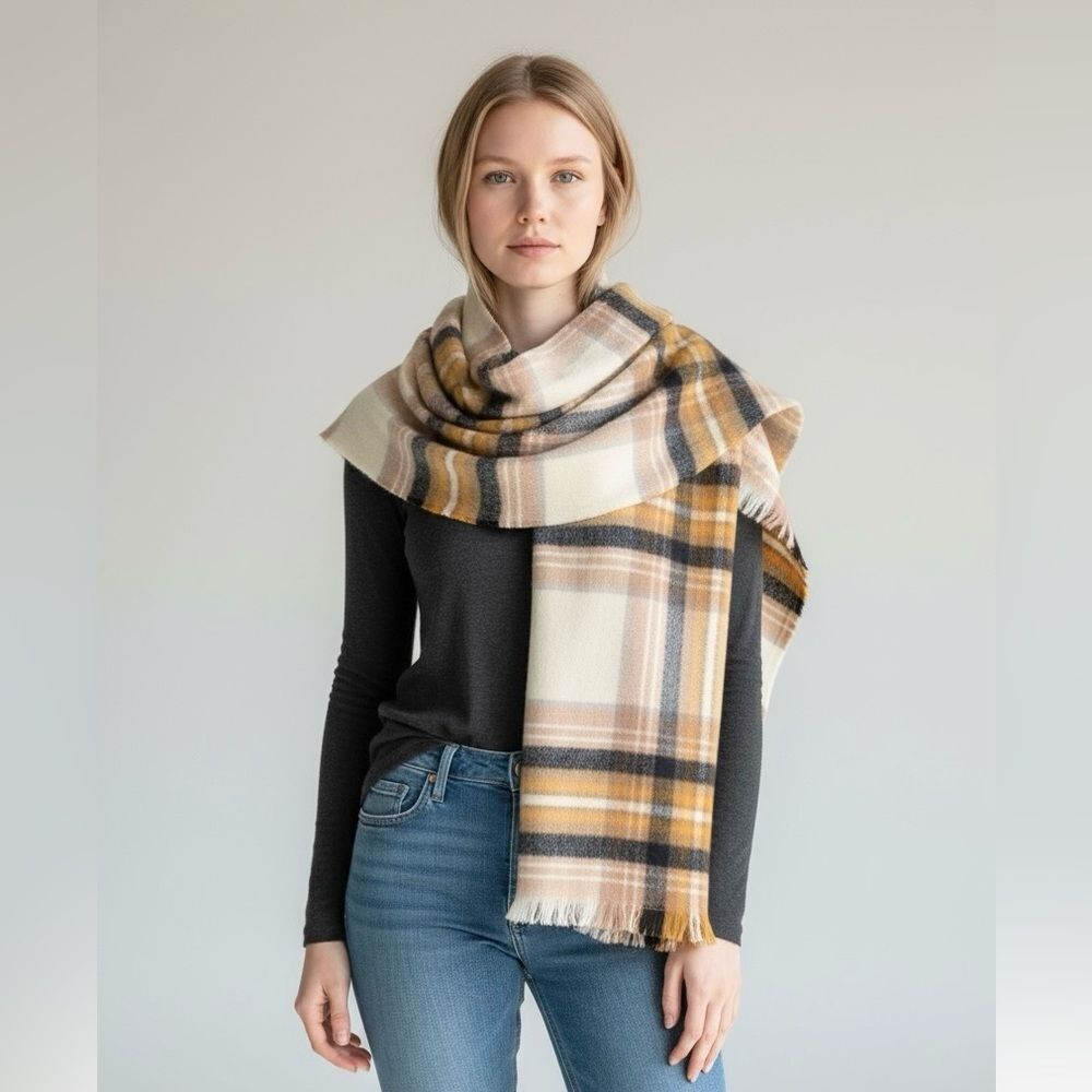 Plaid Blanket Scarf Grey & Yellow
